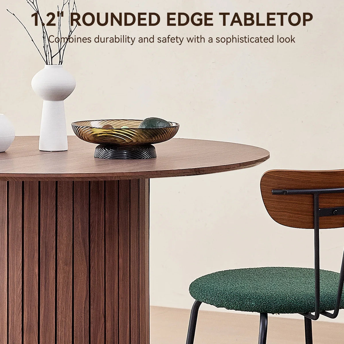 47 inches Modern Round Dining Table, Wood Kitchen Table for 4 with Two-part Tabletop and Wooden Strip Columns Base, Farmhouse Table for Kitchen, Dinning Room, Oak
