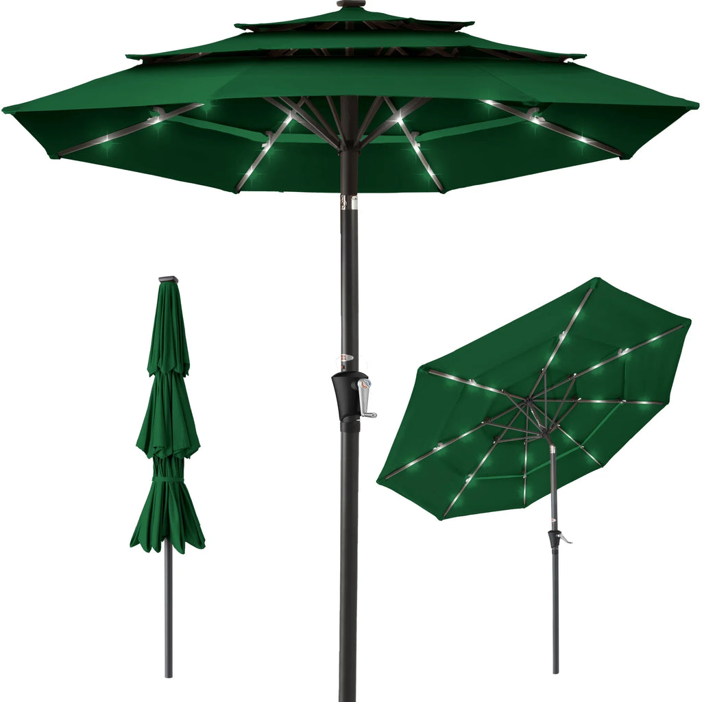 Best Choice Products 10ft 3-Tier Solar Patio Umbrella w/ 24 LED Lights, Tilt Adjustment, Easy Crank - Tan