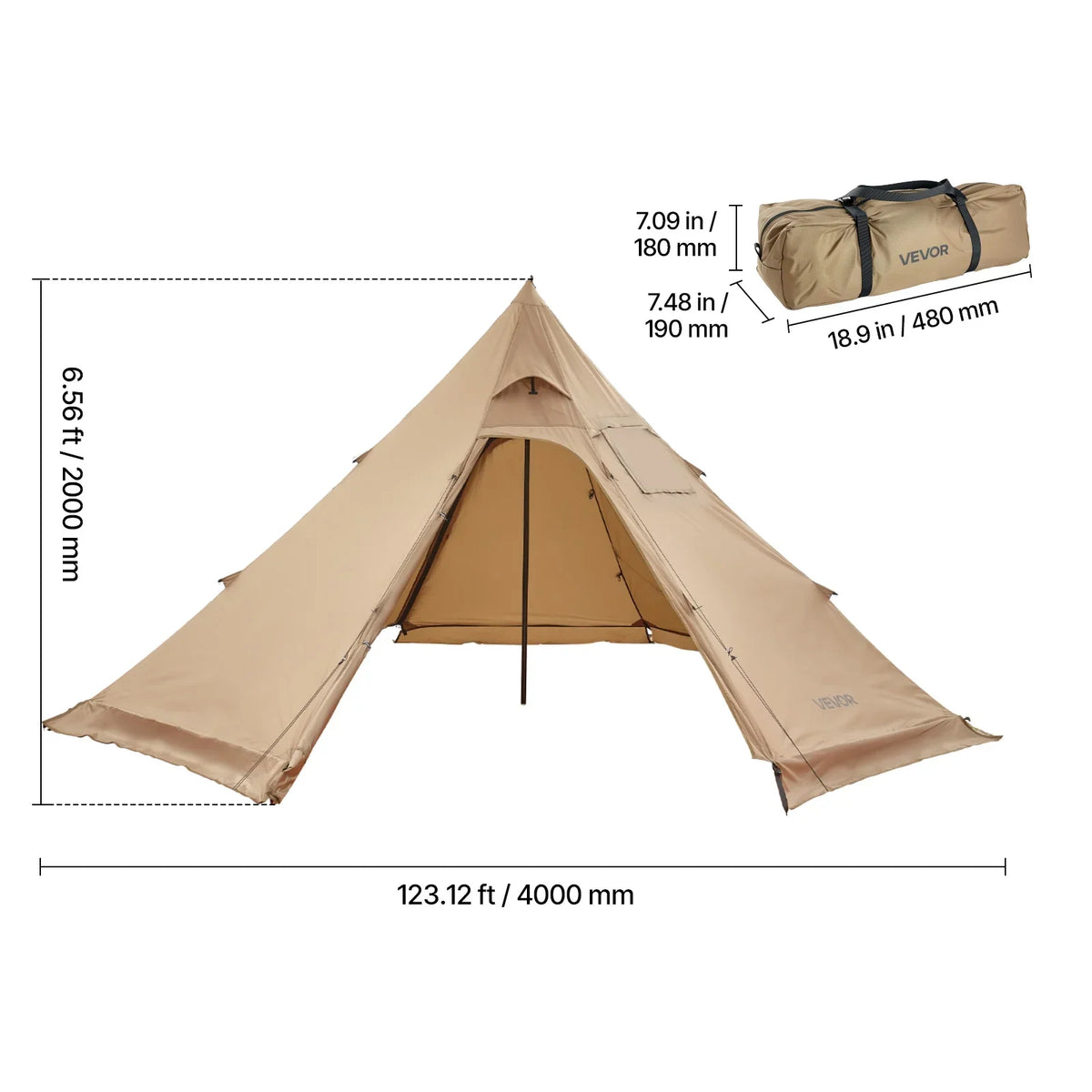 VEVOR Hot Tent for 4 Persons, Portable Winter Tipi Tent with Stove Jack, Waterproof Canvas Camping Tents, Lightweight 4 Season Shelter Tents for Hiking Fishing Backpacking, M Size