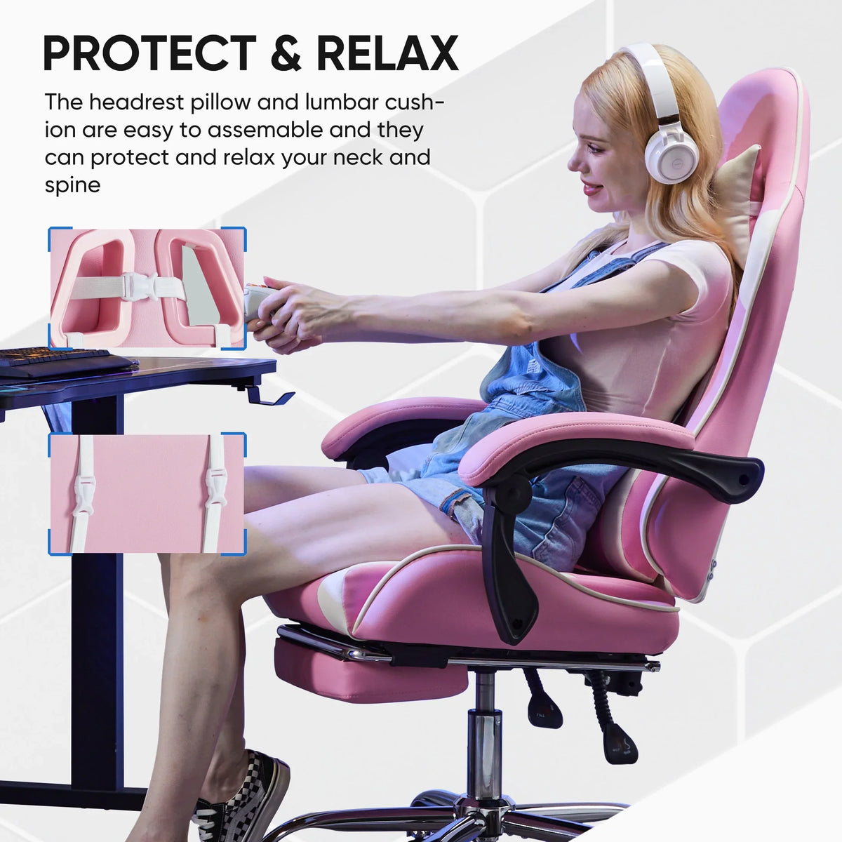 MCQ Ergonomic Swivel Gaming Chair with Headrest Lumbar Support for Home Office, Black and Grey
