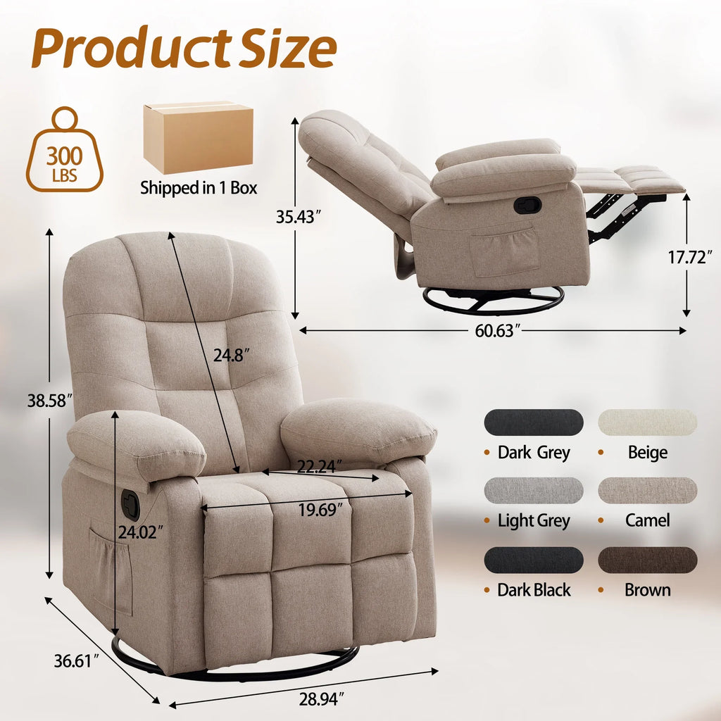 Korser Manual Swivel Rocker Recliner Chair for Living Room,Small Recliner Sofa for Small Spaces,Linen Fabric,Dark Black