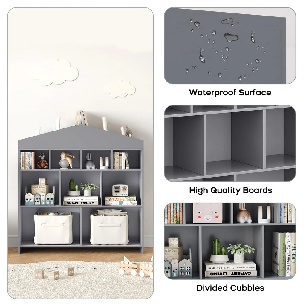 DSstyles Kids Bookshelf 9-Cubby Toy Storage Organizer White Bookcase Toddlers Playhouse Cabinet Shelf for Boys Girls Wooden Storage Toy Shelf for Playroom, Nursery, Kids Room