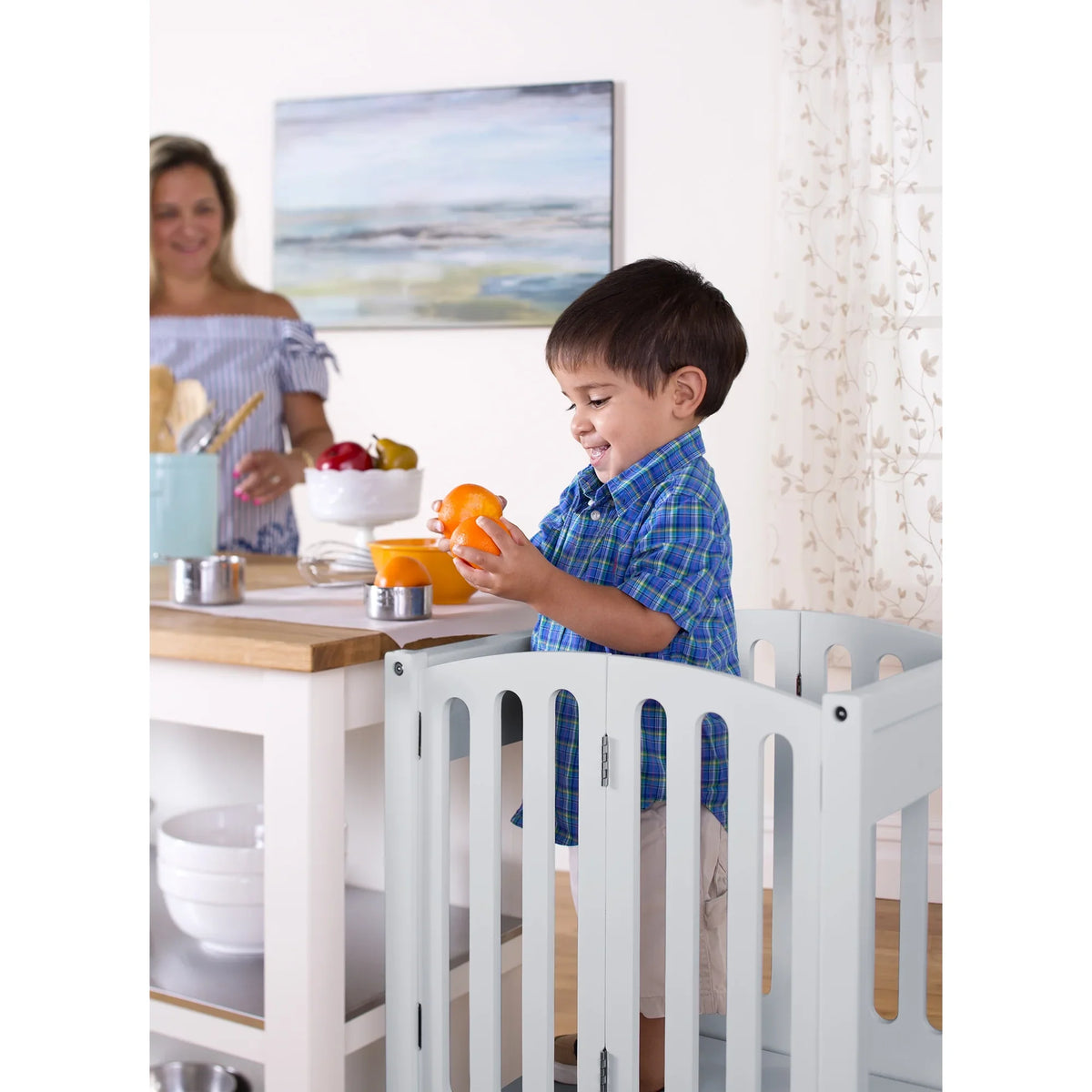 Guidecraft Contemporary Kitchen Helper Step Stool - White: Adjustable, Folding Montessori Toddler Tower - Safety Learning Furniture