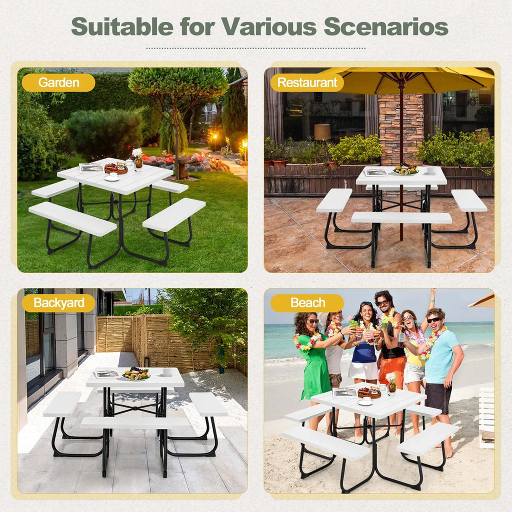 Costway Outdoor 8-person Square Picnic Table Bench Set with 4 Benches & Umbrella Hole White