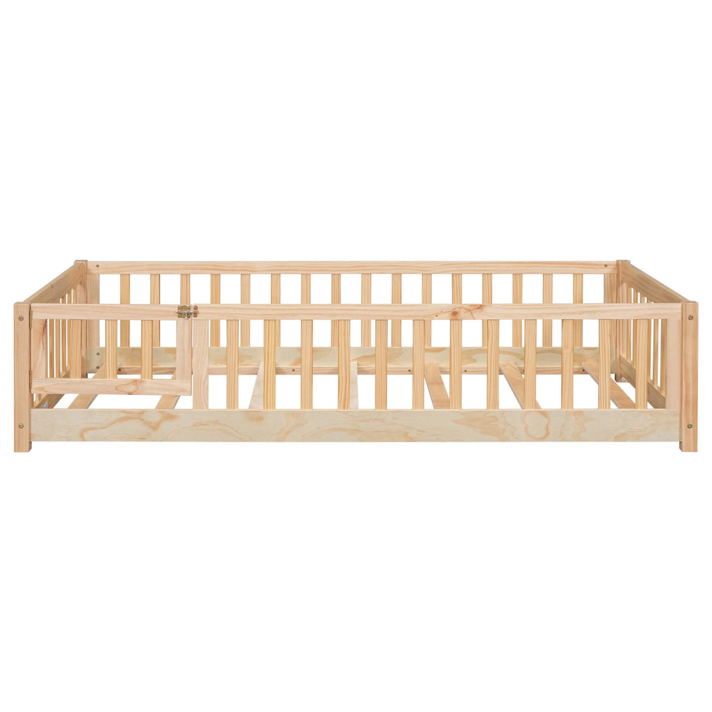 PAPROOS Twin Size Floor Bed, Solid Wood Toddler Bed with Slat, Fence Guardrail and Door, No Box Spring Needed, Montessori Bed, Twin Bed for Kids, Boys, Girls, Gray