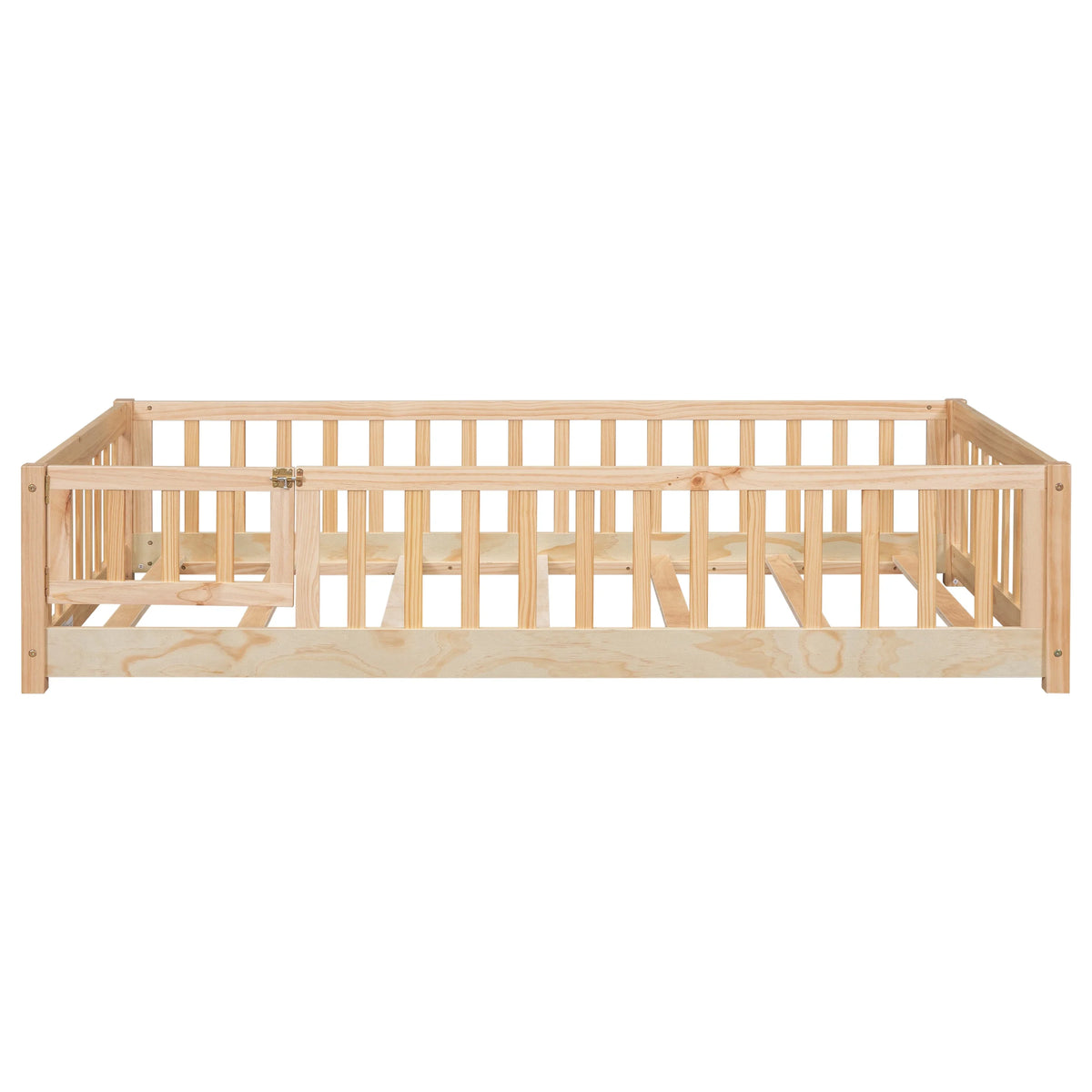 PAPROOS Twin Size Floor Bed, Solid Wood Toddler Bed with Slat, Fence Guardrail and Door, No Box Spring Needed, Montessori Bed, Twin Bed for Kids, Boys, Girls, Gray