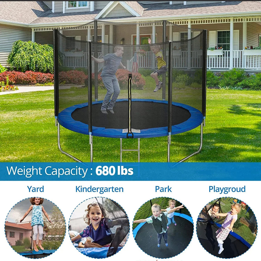 SUGIFT 10ft Trampoline with Safe Enclosure Net 680 lbs Outdoor Fitness Trampoline, Blue