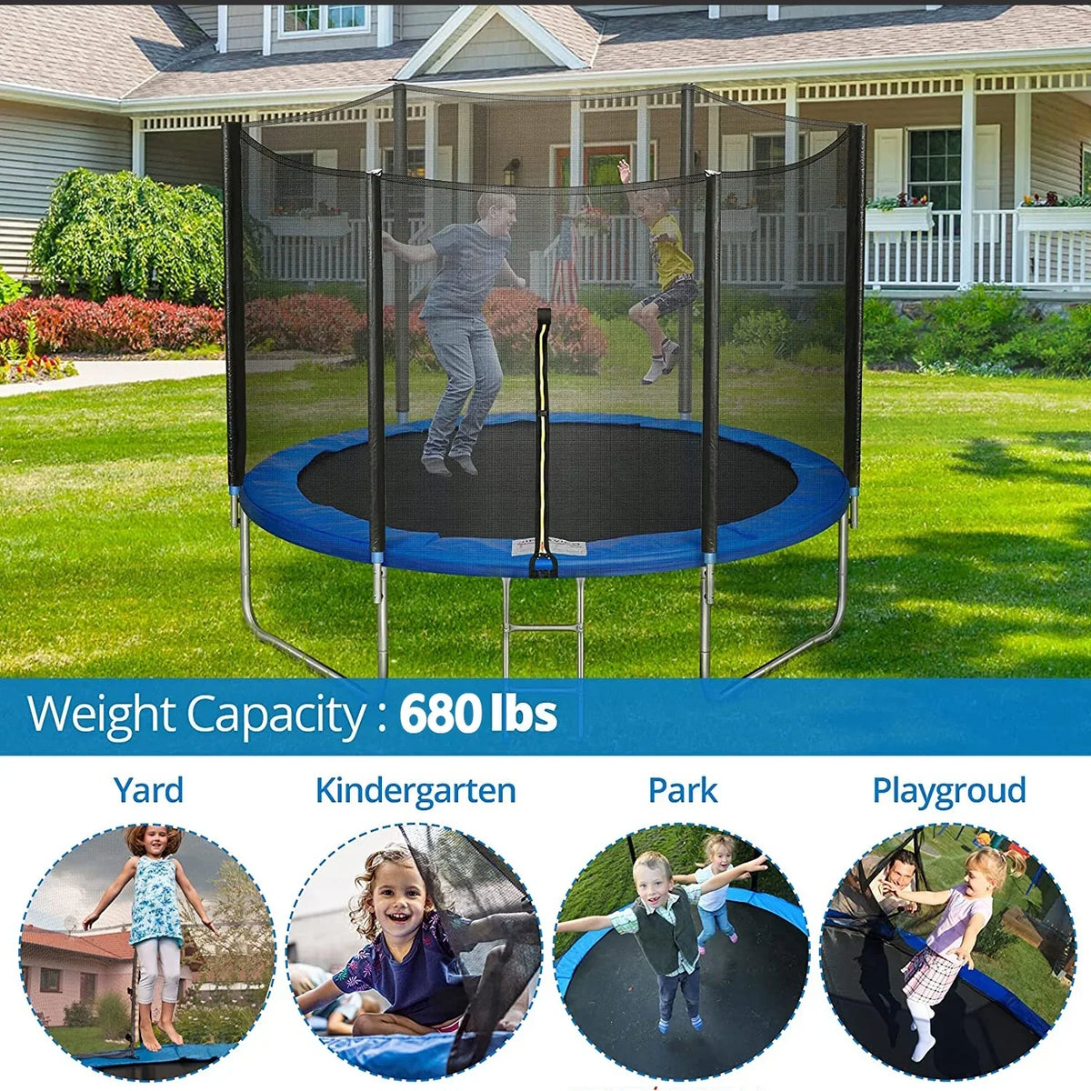 SUGIFT 10ft Trampoline with Safe Enclosure Net 680 lbs Outdoor Fitness Trampoline, Blue