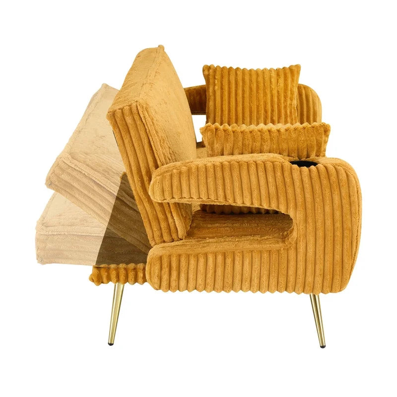 FFH Modern Corduroy Futon Sofa Bed with Adjustable Backrest,Convertible Loveseat Sleeper,Soft Couch with Drop-Down Table and Cup Holder for Living room,Pink