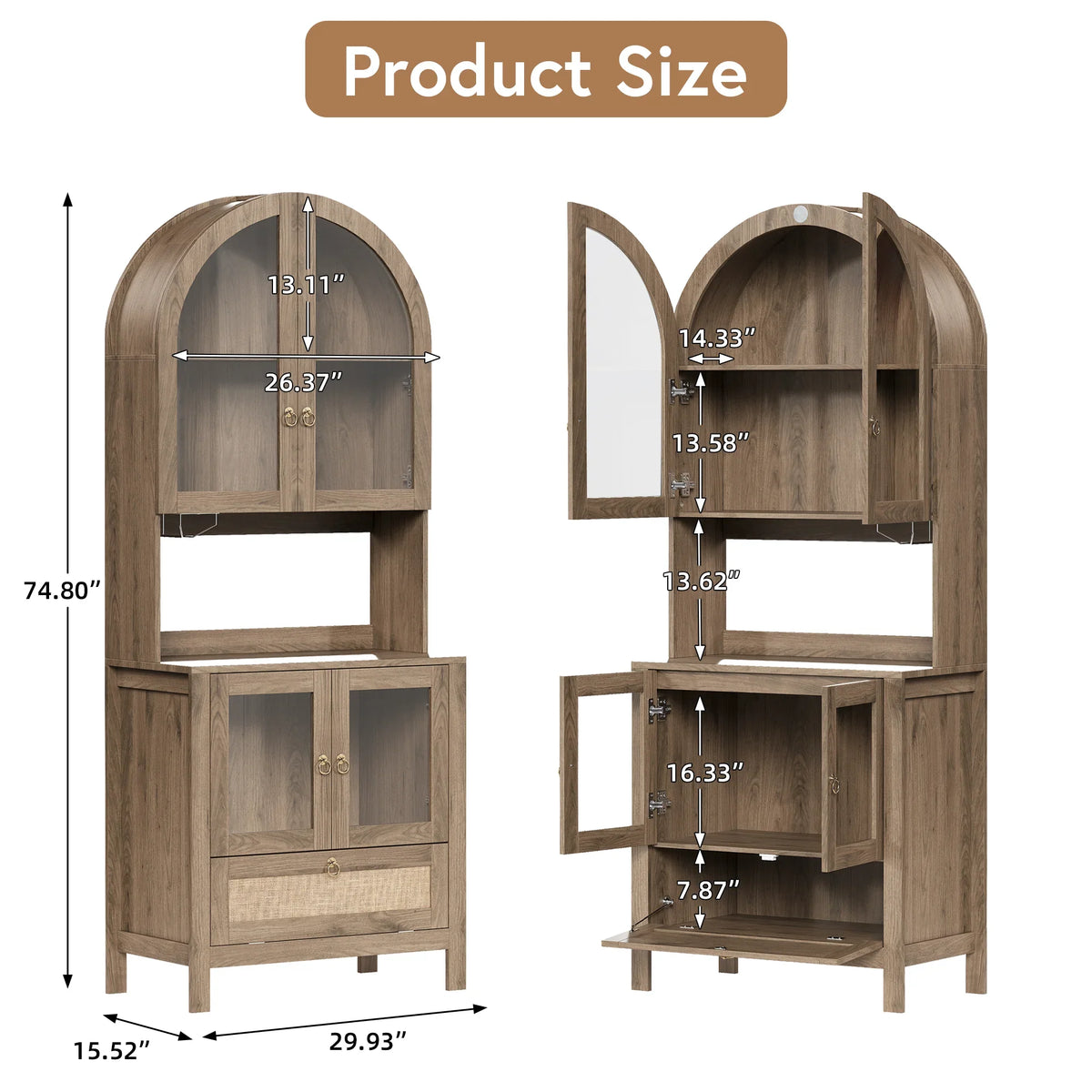 LAZZO 73-Inch Tall Arched Kitchen Pantry Storage Cabinet, 2 Doors, Brown