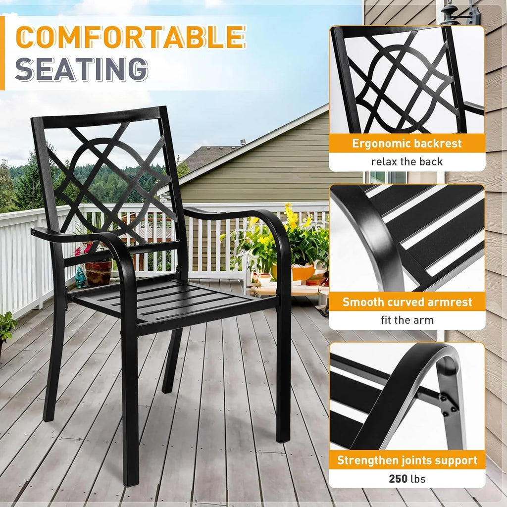 SUNCROWN 5-Piece Outdoor Wrought Iron Chairs and Table Patio Dining Furniture Set - 4 Stackable Metal Chairs, 1 Steel Slat Bistro Table and 1 Sky Blue 9Ft Patio Umbrella for Garden Backyard Deck