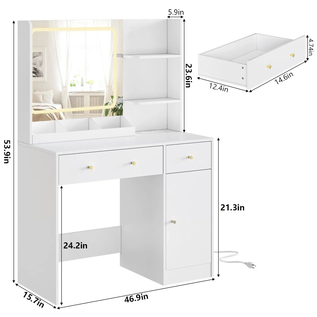 Fenbeli Vanity Set with Mirror and Lights, Makeup Vanity with 3 Drawers, Vanity Desk for Girls, Women, White