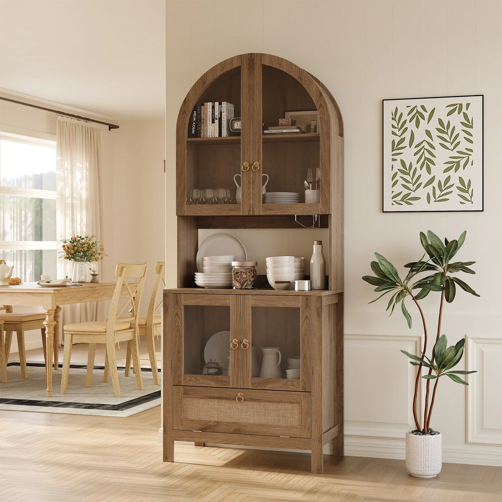 LAZZO 73-Inch Tall Arched Kitchen Pantry Storage Cabinet, 2 Doors, Brown
