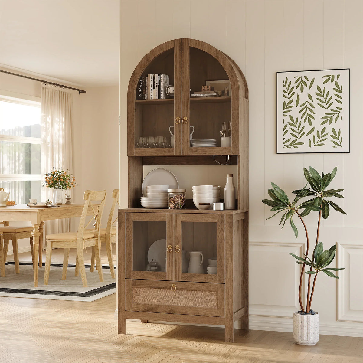 LAZZO 73-Inch Tall Arched Kitchen Pantry Storage Cabinet, 2 Doors, Brown