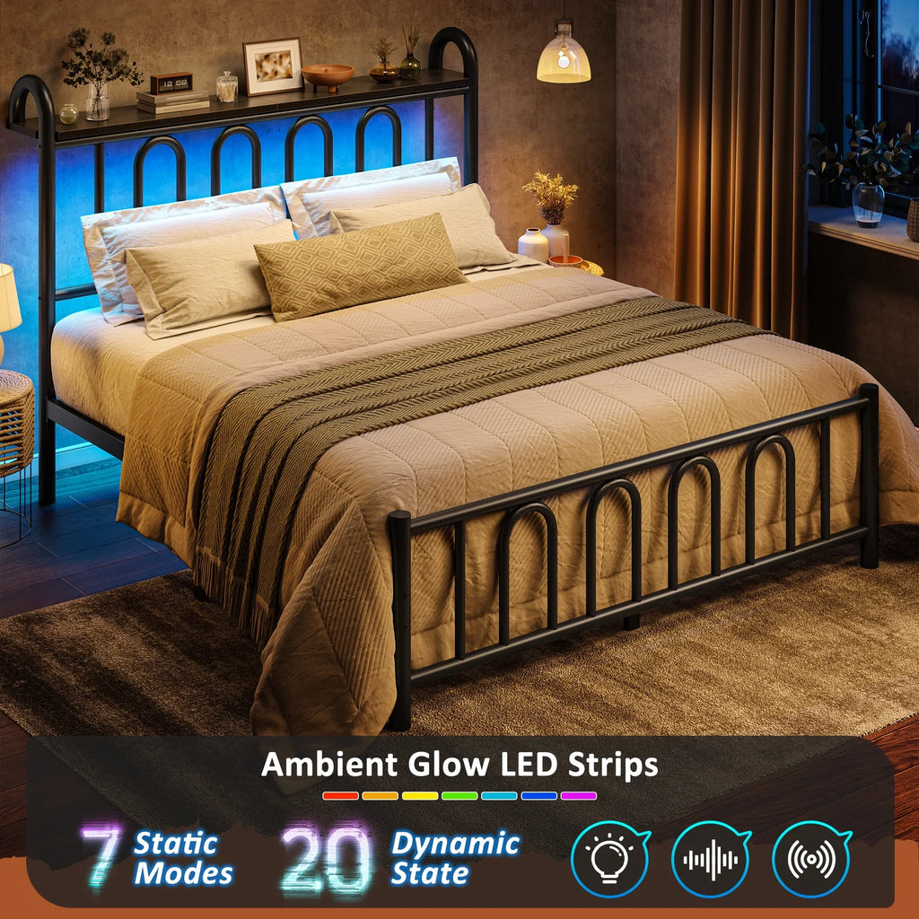 EnHomee Queen Size Metal Platform Bed Frame with Headboard Metal Bed Frame with LED Lights Queen Bed Frame with Underbed Storage,Black