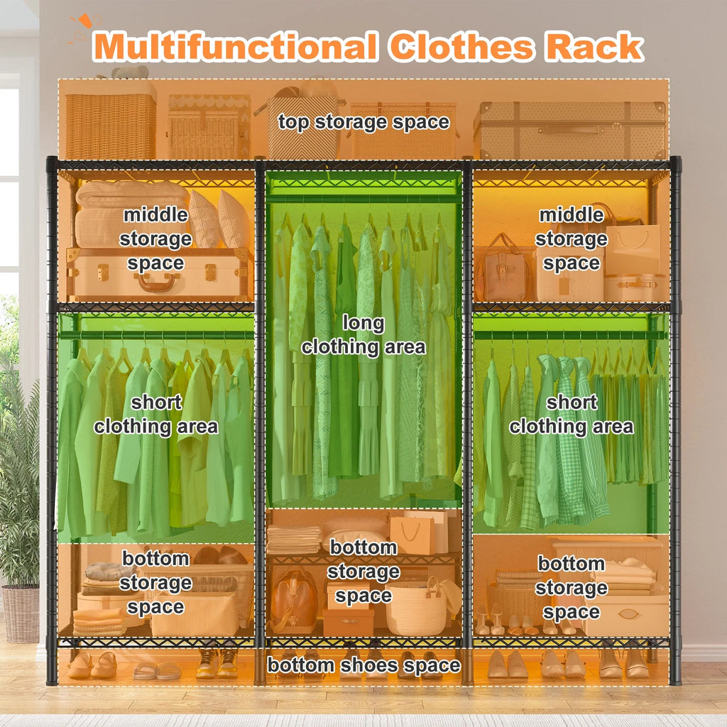 EnHomee Clothing Rack Portable Closet Organizer with 9 Shelves & 3 Rods,Heavy Duty Adjustable Wardrobe Rack 795 LBS Capacity"Black