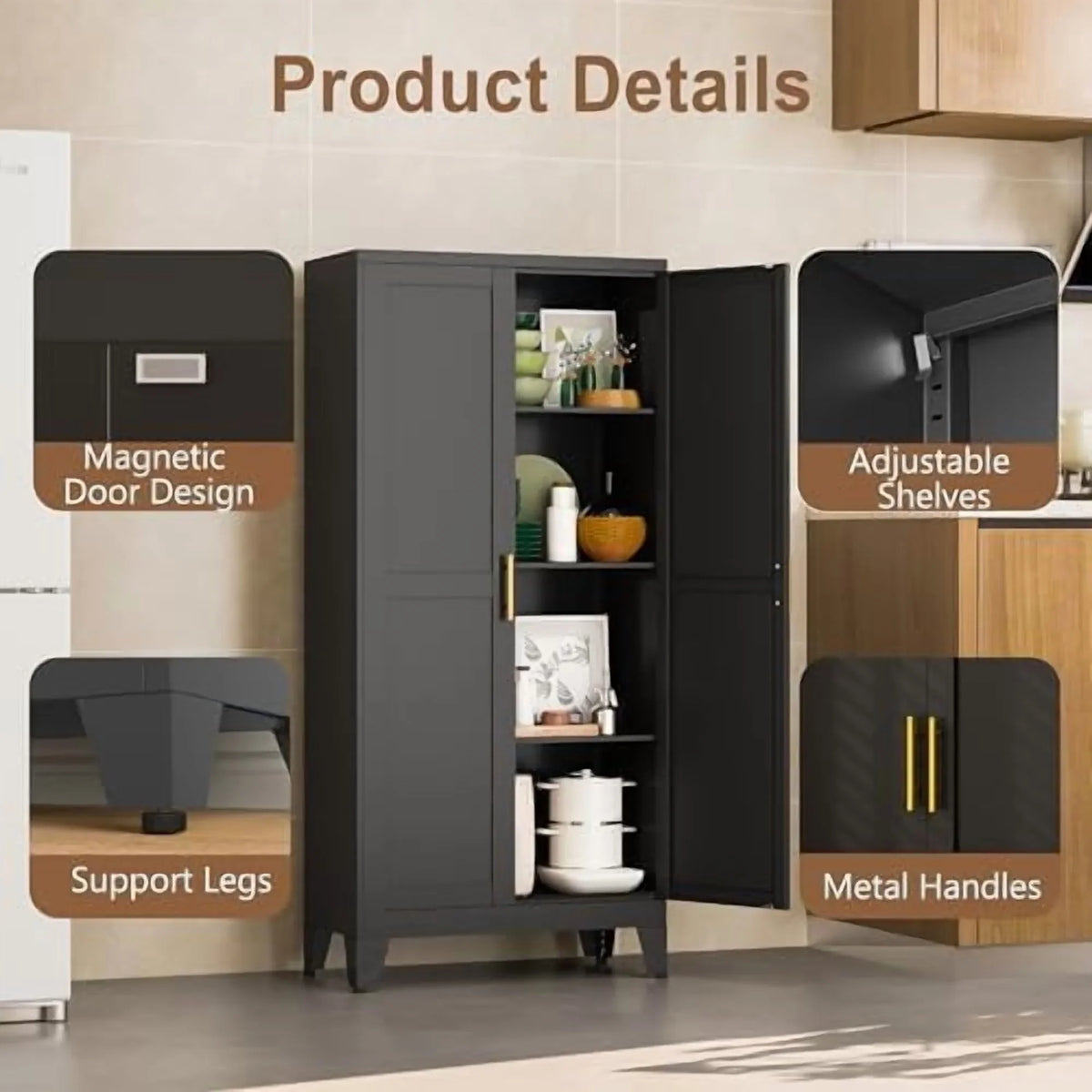 Metal Kitchen Pantry Storage Cabinet with 2 Doors and 3 Adjustable Shelves,Pantry Cabinet with Adjustable Leveling Foot for Kitchen, Living Room, Dining Room"White"