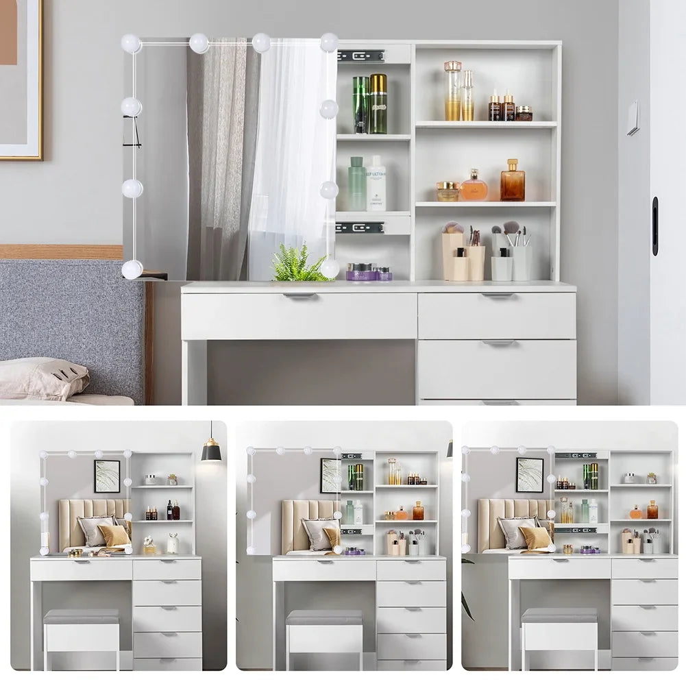 Resenkos Vanity Set with Mirror and 10LED Lights Makeup Vanity Desk Chair with 6 Drawers White