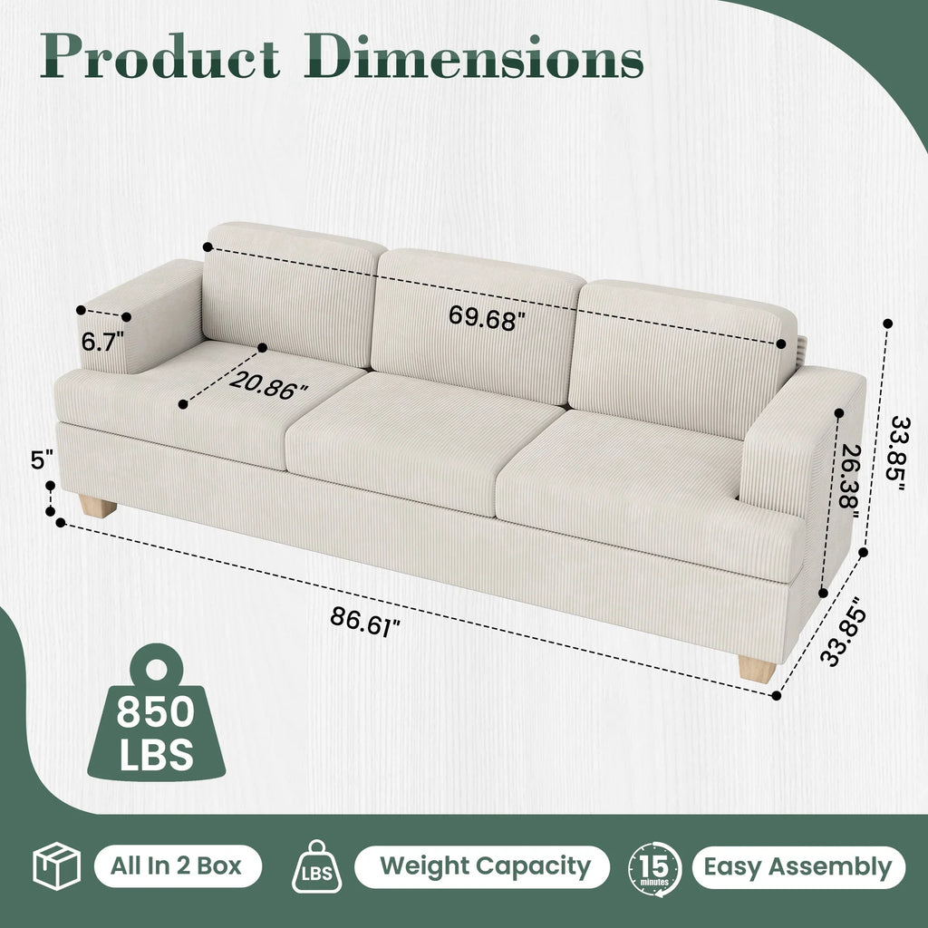 LUMIHO 89" Modern Corduroy Sofa,3 Seater Couches for Living Room, Bedroom,with Deep Seat,beige