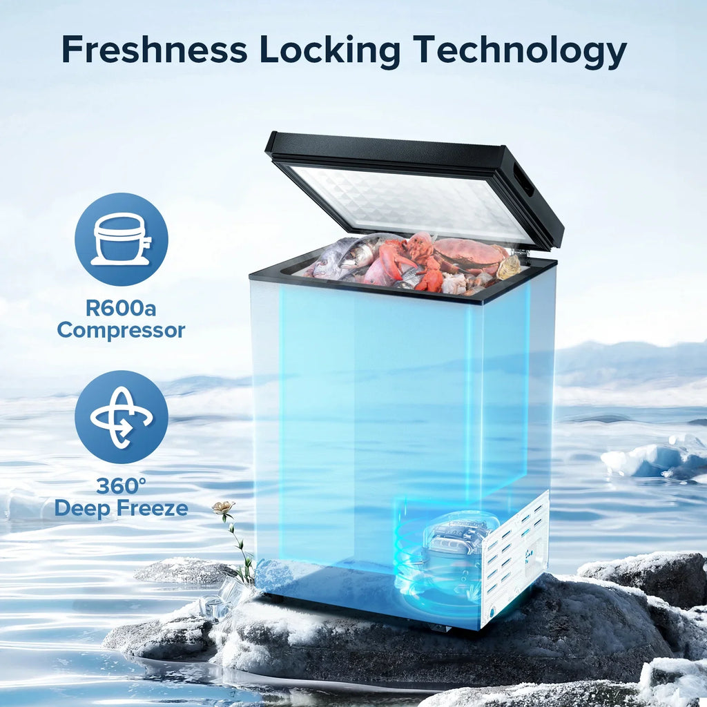 Auseo Mini Freezer Chest 3.5 cu ft, Black Deep Freezer & Side Handle, Compact Freezer with 7 Gear Adjustable Temperature, Removable Storage Basket*2, Energy Saving