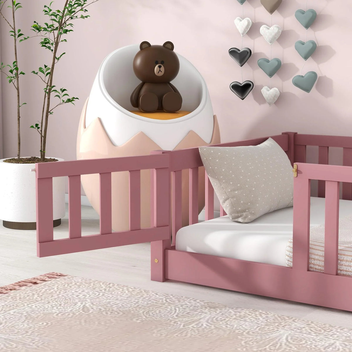 Bellemave Twin Size Floor Beds, Wood Montessori Bed with Fence Railings & Support Slats, No Box Spring Needed (Gray"