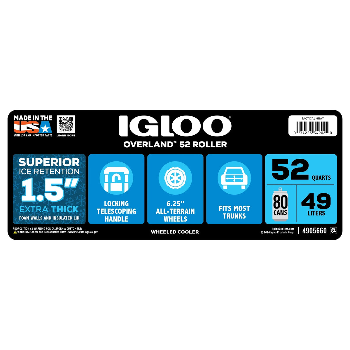 Igloo 52 QT Overland Ice Chest Cooler with Wheels, Gray