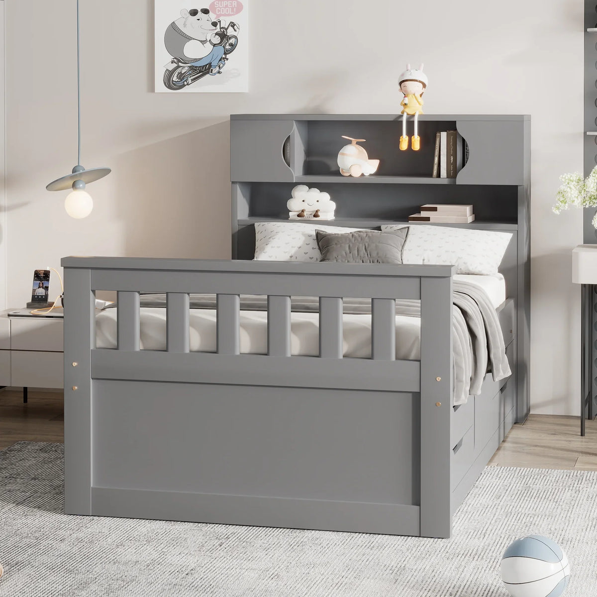 Euroco Wood Twin Size Platform Bed with Storage Headboard, Captain Bed with 4 Drawers, Bookcase and Cabinets, Gray