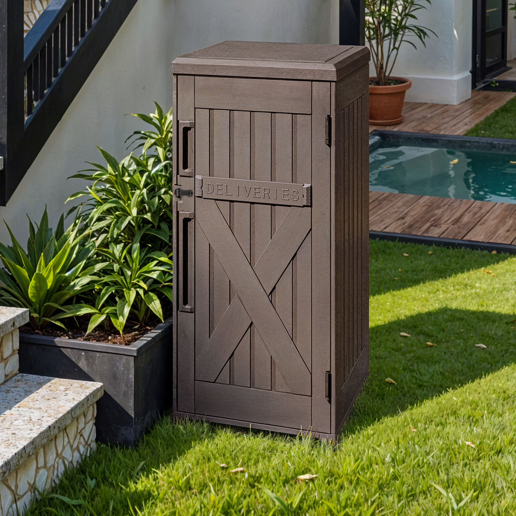 Uforic 60-Gallon Large Outdoor Package Delivery Storage Box, Double-Wall Resin Waterproof Deck Box for Porch or Curbside, Lockable, Brown