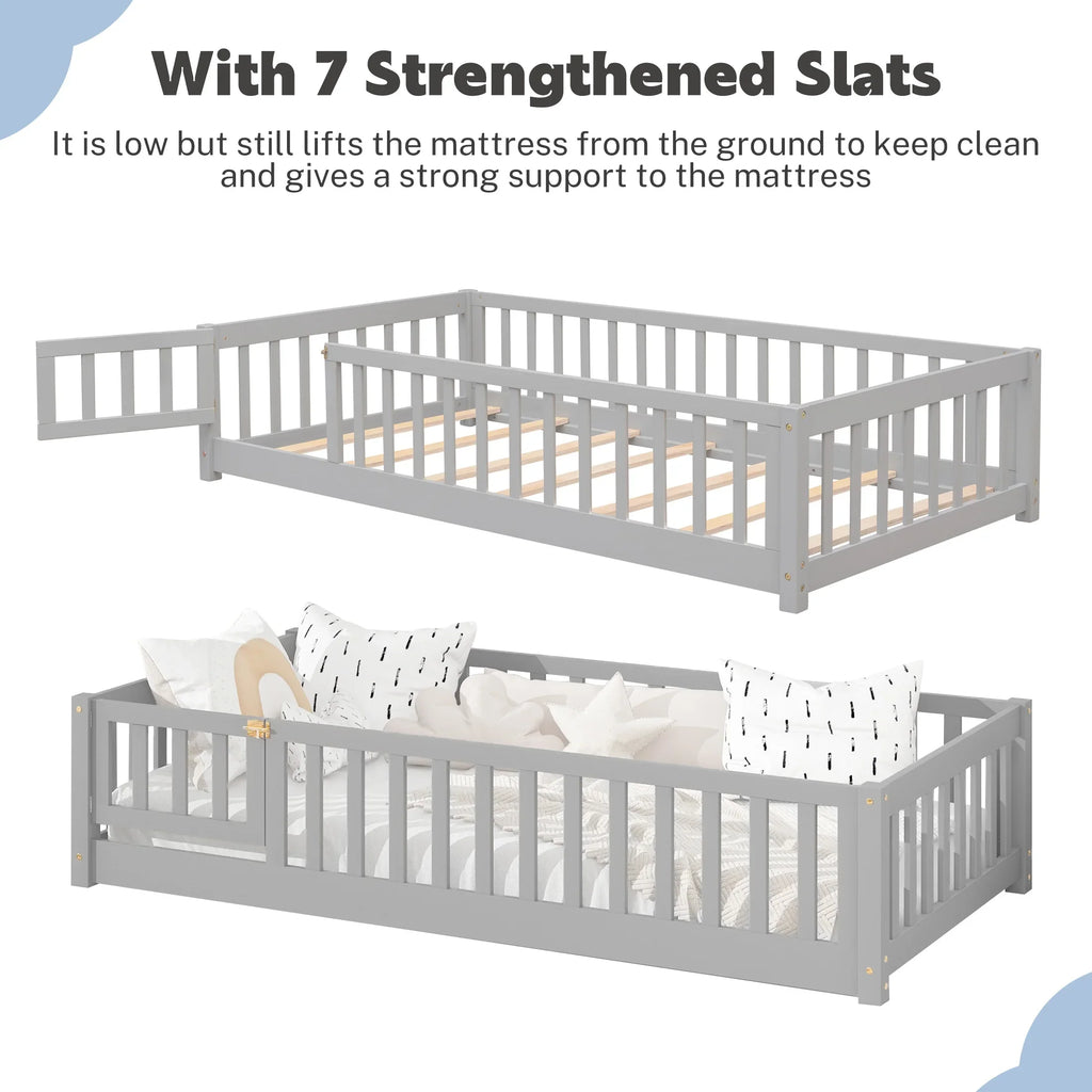 PAPROOS Twin Size Floor Bed, Solid Wood Toddler Bed with Slat, Fence Guardrail and Door, No Box Spring Needed, Montessori Bed, Twin Bed for Kids, Boys, Girls, Gray