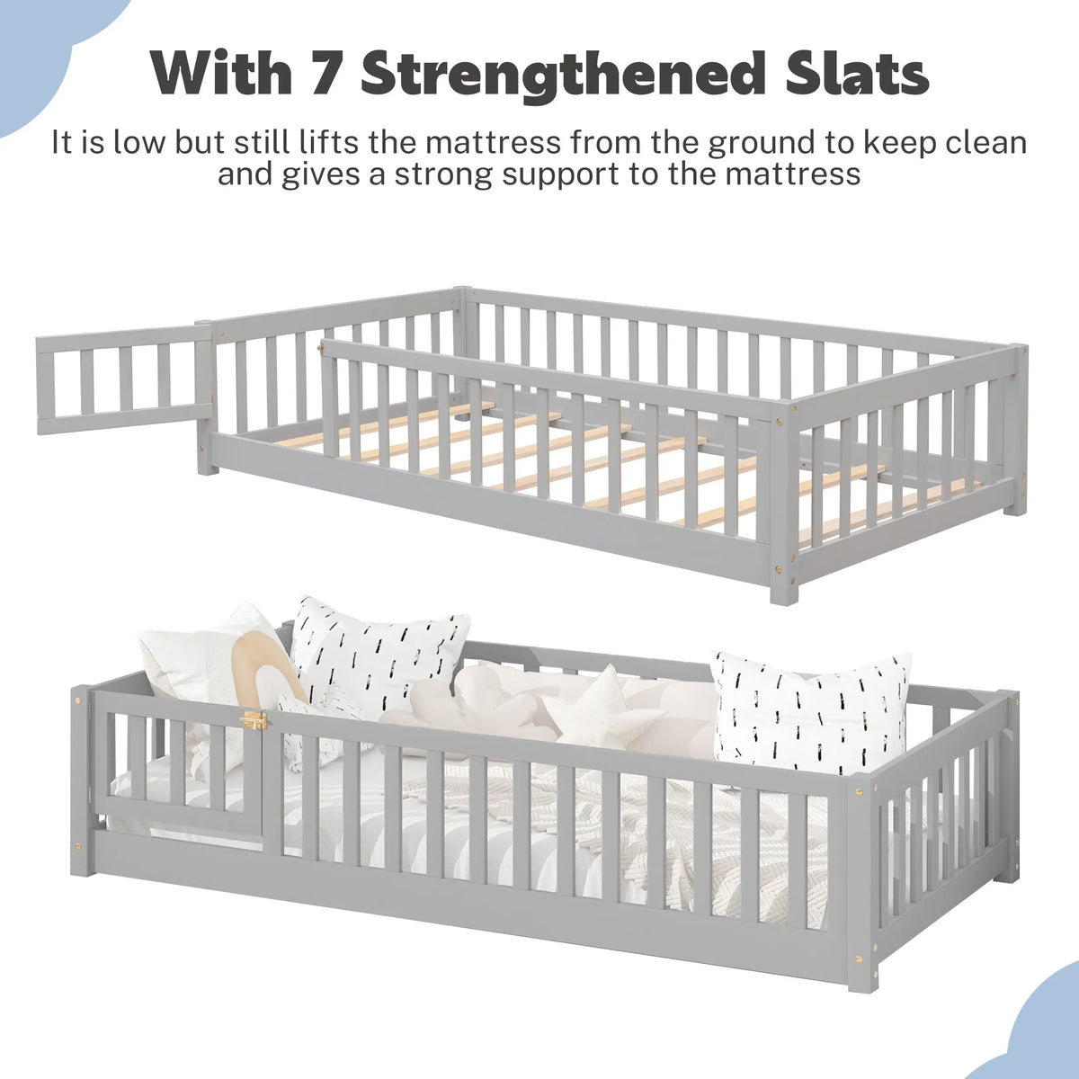 PAPROOS Twin Size Floor Bed, Solid Wood Toddler Bed with Slat, Fence Guardrail and Door, No Box Spring Needed, Montessori Bed, Twin Bed for Kids, Boys, Girls, Gray