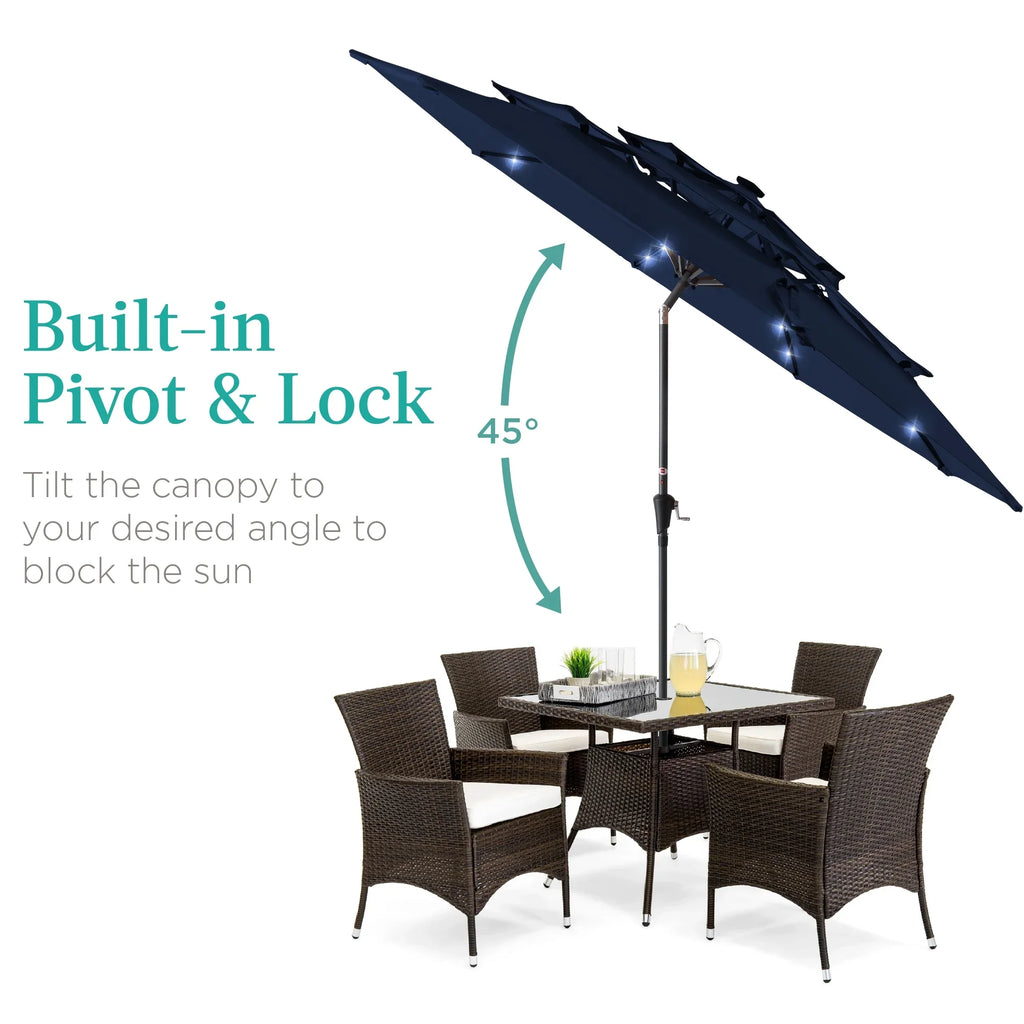 Best Choice Products 10ft 3-Tier Solar Patio Umbrella w/ 24 LED Lights, Tilt Adjustment, Easy Crank - Tan