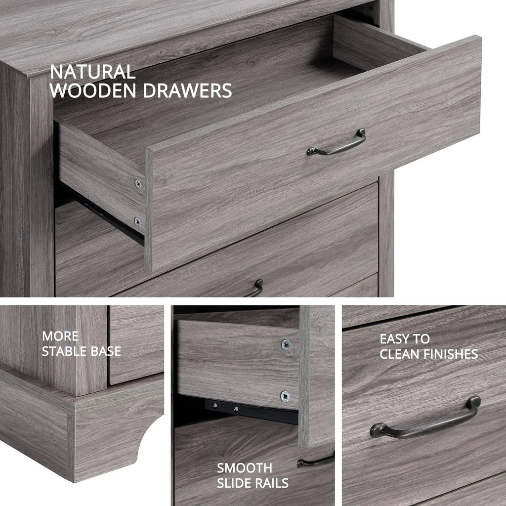 CHITOOMA 5 Drawer Dressers for Bedroom, Adult Tall Wooden Chest of Drawers, Storage Cabine for Living Room Entryway, Gray