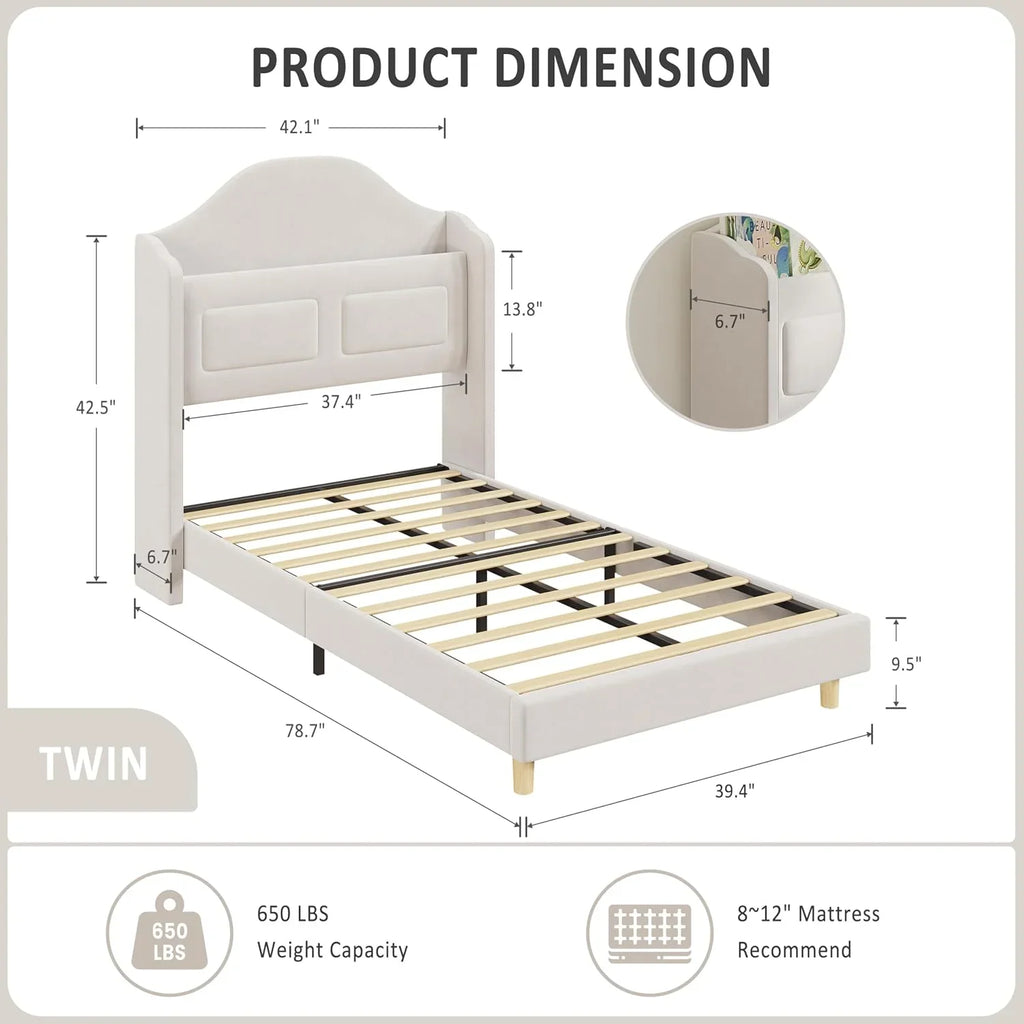 BouPower Twin Size Bed Frame with LED Lights,Platform Bed with Wing Back Storage Headboard,Upholstered Twin Bed,No Box Spring Needed,Easy Assembly