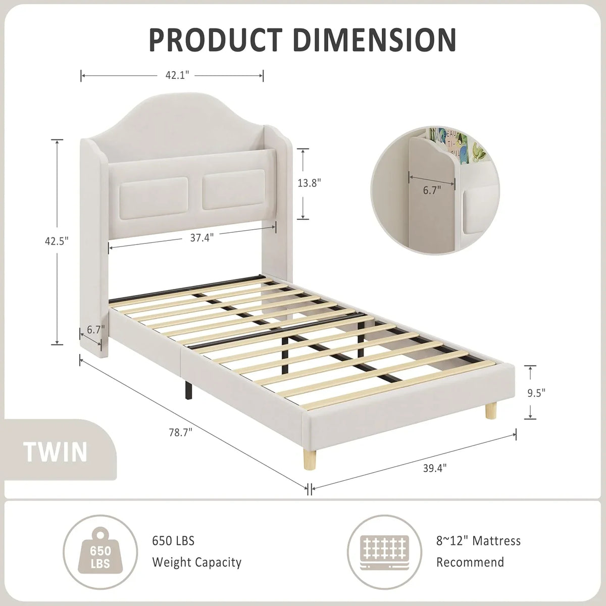 BouPower Twin Size Bed Frame with LED Lights,Platform Bed with Wing Back Storage Headboard,Upholstered Twin Bed,No Box Spring Needed,Easy Assembly