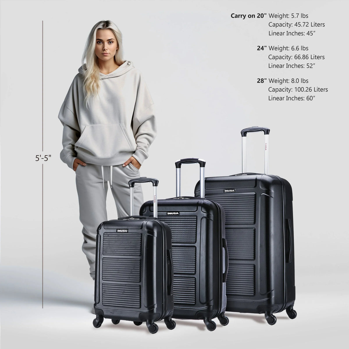 InUSA Pilot 3-Piece Hardside Luggage Sets with Spinner Wheels, Handle, Trolley, (20"/24"/28"), Blue