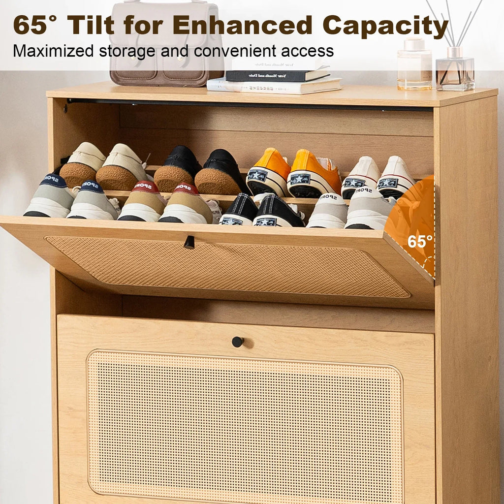 Hommpa Rattan Shoe Cabinet with 2 Flip Drawers & Adjustable Shelves 5 Tier Freestanding Tipping Bucket Shoes Storage Closet for 16 Pairs Narrow Console Table Modern Boho Entryway Shoe Rack Organizer