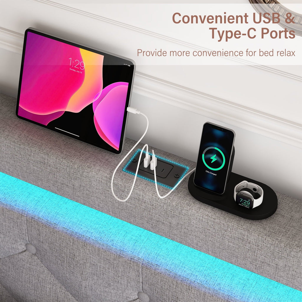 LED Bed Frame Queen Size with 4 Storage Drawers + 2 USB Ports and Outlets, Adjustable Upholstered Headboard, Solid Wooden Slat Support, No Box Spring Needed