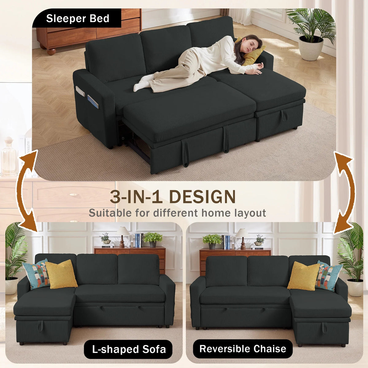Pingliang Home Pull Out Sleeper Sofa Bed Sectional Sofa with Storage Chaise,L Shaped Sectionals Couches with Side Pockets,Modern Linen Reversible Sofa Couch for Living Room Apartment Office Studio