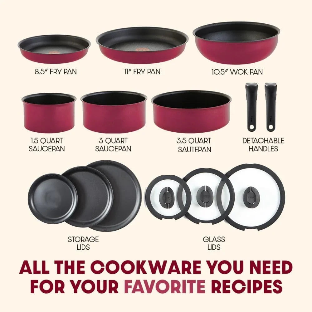 T-fal Ingenio Expertise Nonstick 14-Piece Cookware Set, Induction Oven Safe up to 500F, Detachable Handle, Onyx Black