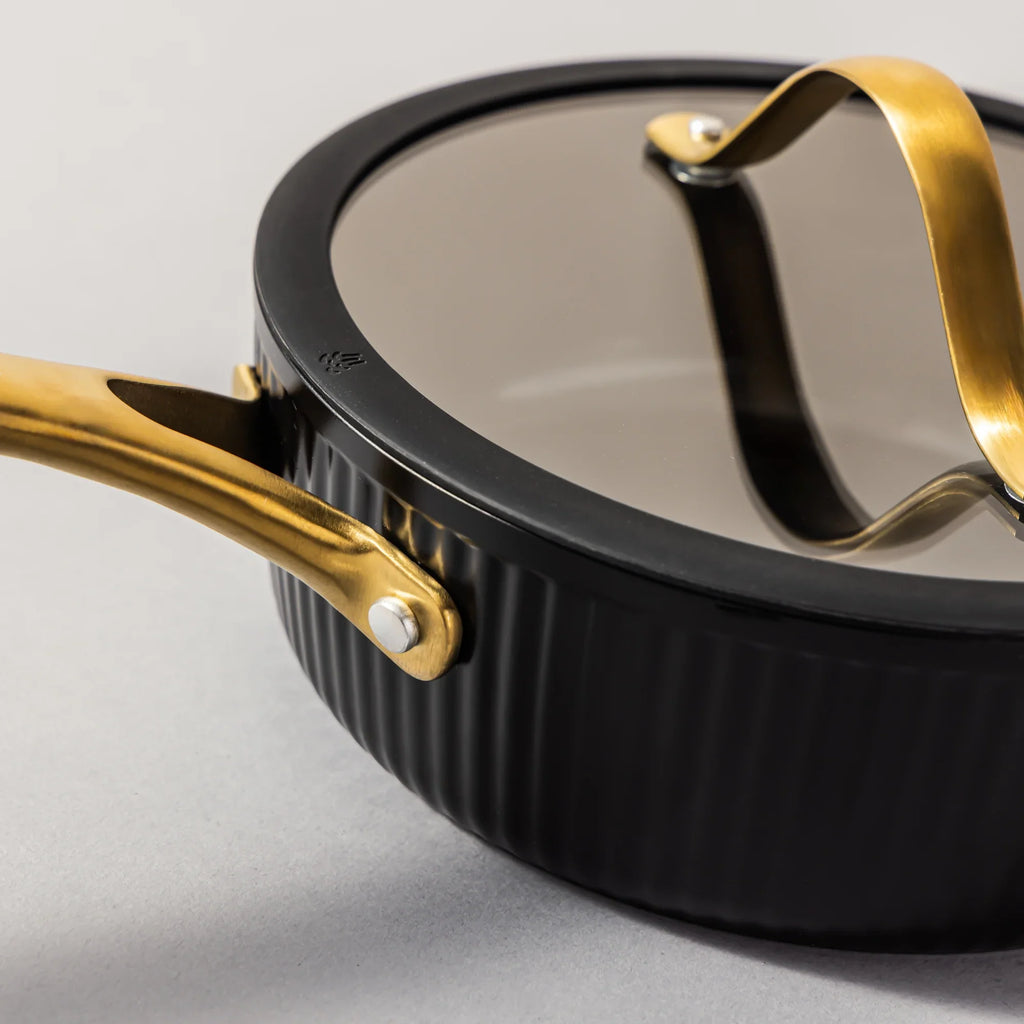 Thyme & Table 12-Piece Nonstick Signature Ribbed Cookware Set, Pots and Pans Set - Black & Gold