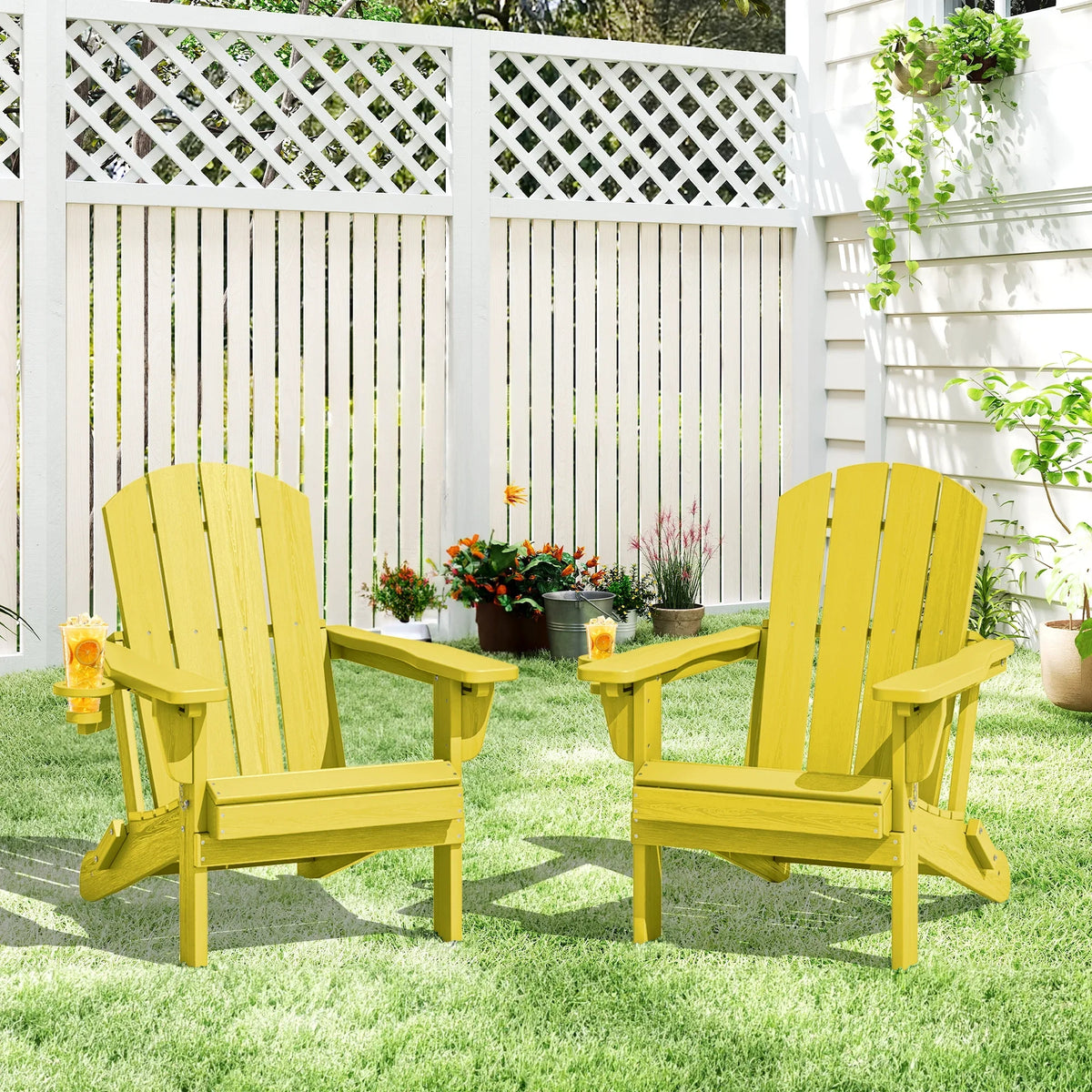 SERWALL Outdoor Adjustable Folding HDPE Adirondack Chairs Set of 2 with Cup Holder, Gray