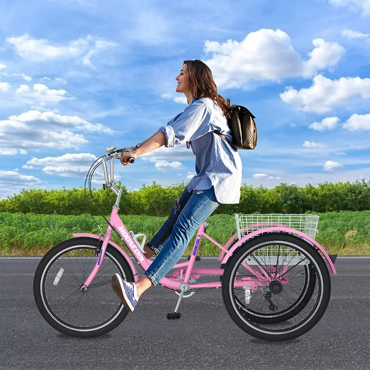 MOONCOOL Adult Tricycles with Rear Basket & Inflator, 24 26 inch 7 Speed 3 Wheel Bikes, Three-Wheeled Bicycles Adult Trike with Backrest for Seniors, Women, Men