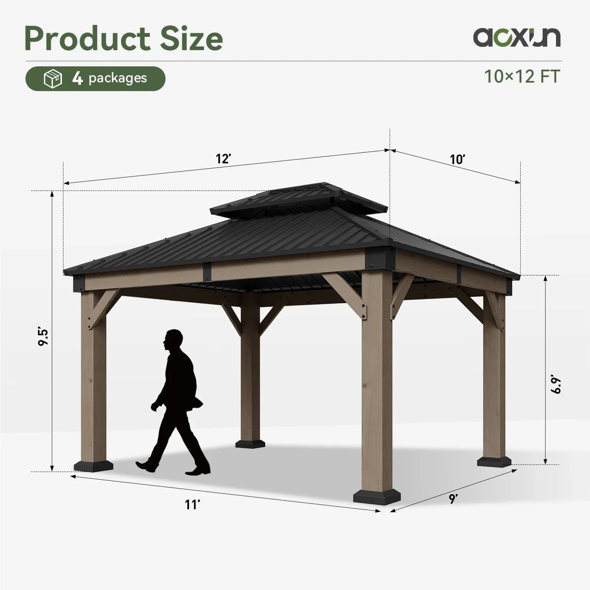 Aoxun 12' x 16' Outdoor Wood Gazebo, Hardtop Gazebo Permanent Wooden Pavilion with Galvanized Steel Double Roof, for Patio, Garden, Backyard, Cedar Wood