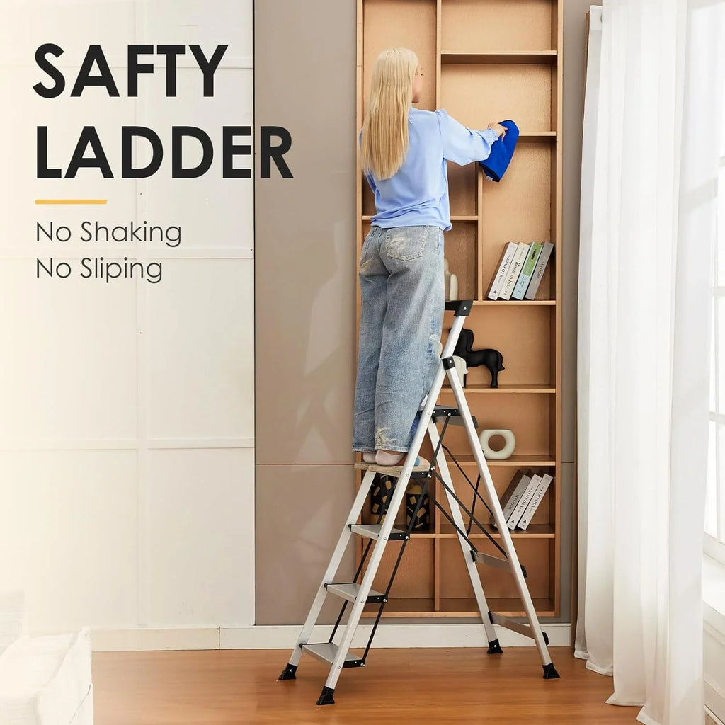 HBTower 4 Step Ladder with Tool Tray, Aluminum Anti-Slip Folding Step Stool for Adults, 330lbs Capacity, Light Weight Portable Ladder for Kitchen Warehouse Outdoor Work