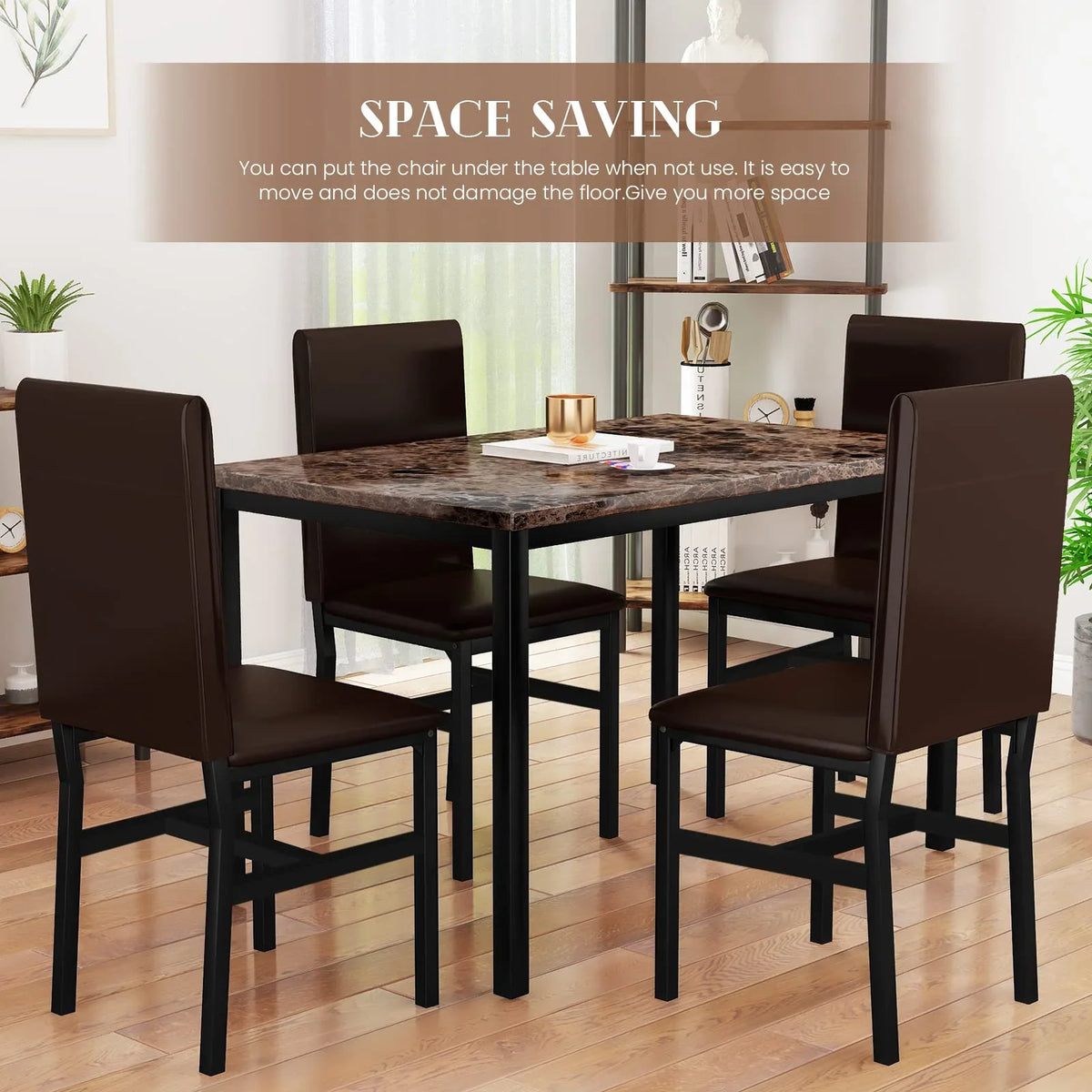 AWQM Dining Table Set of 4, Faux Marble 5 Piece Dining Room Table Set with PU Leather Chairs, Rectangular Kitchen Table Set for Apartment, Dining, White