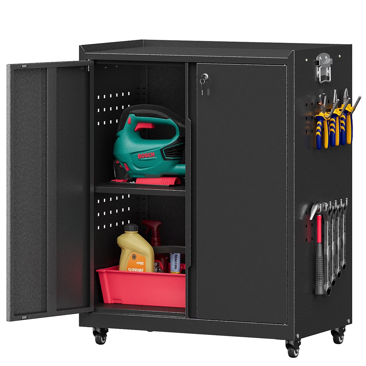 Bestoo Metal Storage Cabinet with Locking Doors, Garage Storage Cabinet with Wheels and Adjustable Shelves, Rolling Tool Storage Cabinet for Home Office, Garage, Pantry (Black)