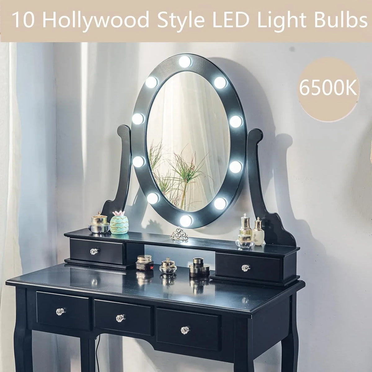 TROPOW Vanity Desk,Makeup Vanity,with Mirror and Lights,Vanity Desk with Mirror and Lights, Wood Makeup Dressing Table Stool with & Oval Mirror 3 Colors Lighting Modes Modern,Black