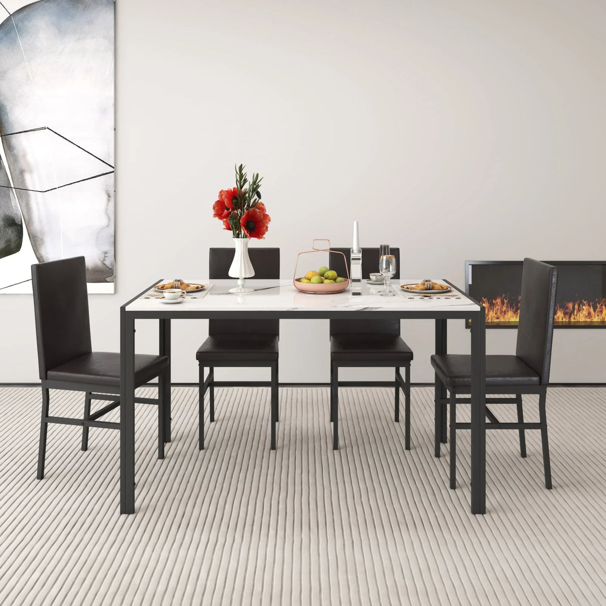 Seizeen Solid Wood Kitchen Table and Chairs, Dining Room Table Set for 4 with Gray Upholstered Chairs, Wood Grain Table Heavy-Duty Frame, Rustic Minimalist Style Breakfast Nook Set