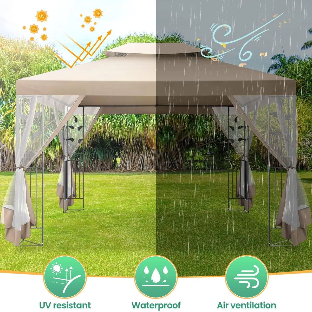 COBIZI 10' x 13' Pop Up Gazebo, Screened Patio Gazebo, Outdoor Steel Double Roof Canopy Tent, Metal Frame Canopy with Mosquito Netting, Sunshade for Garden, Lawns, Gray