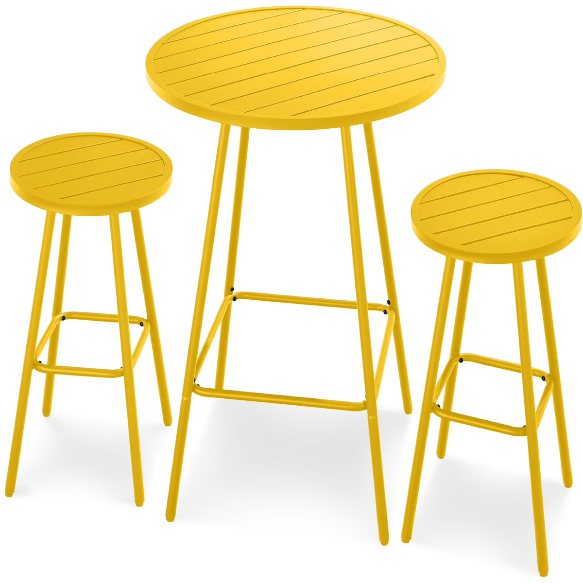 Best Choice Products 3-Piece Steel Patio Bar Height Round Bistro Set w/ Backless Stools, Slatted Design - Black
